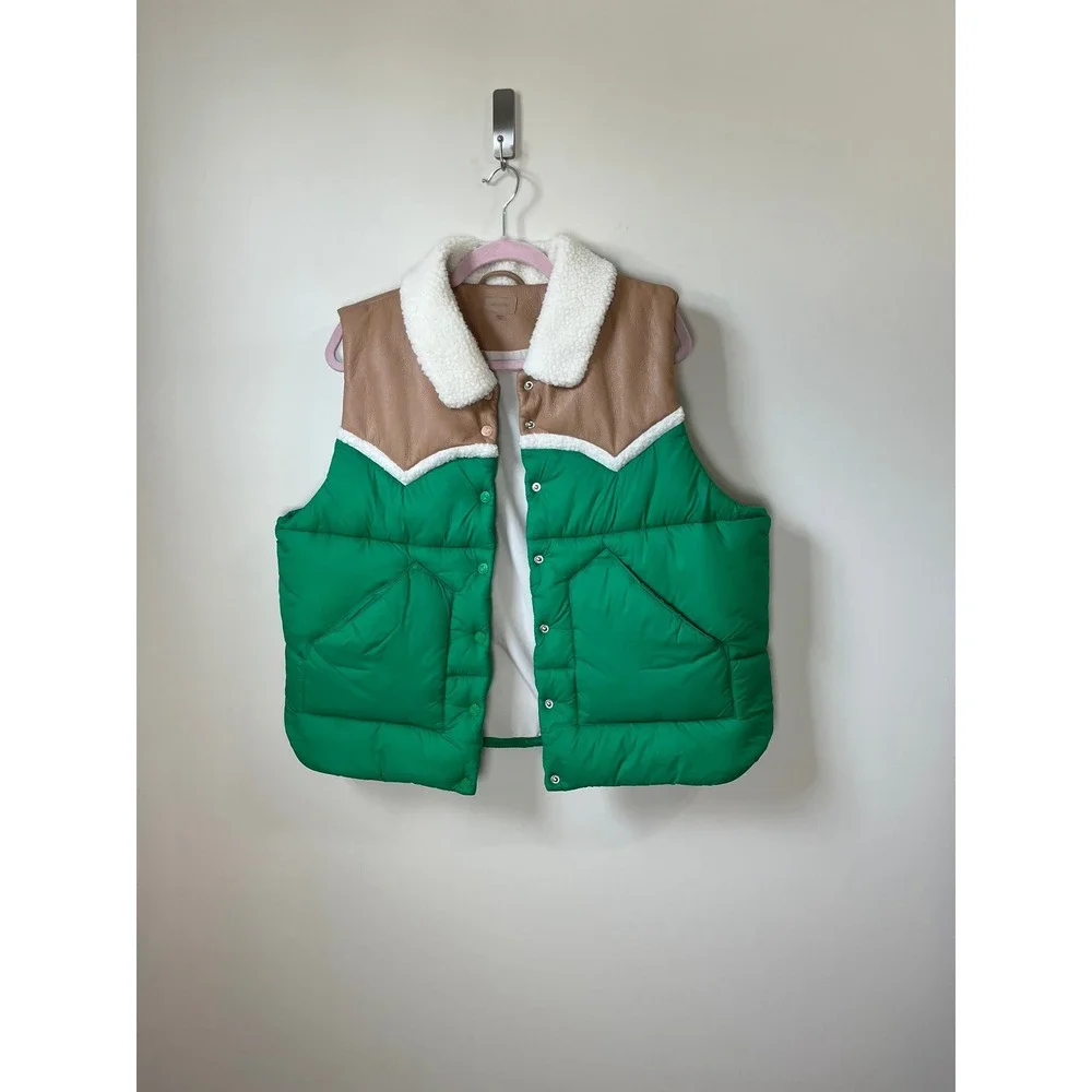MOTHER The Ol West Puffer Vest Bright Green Tan Sherpa Collar XL - Picture 2 of 7